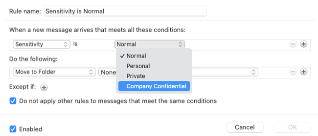 Criando uma regra de confidencialidade no Outlook no Mac