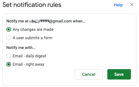 Caixa de configuração de regras de notificação