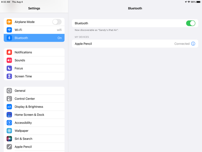 Configurações de Bluetooth no iPad mostrando um Apple Pencil na lista de dispositivos