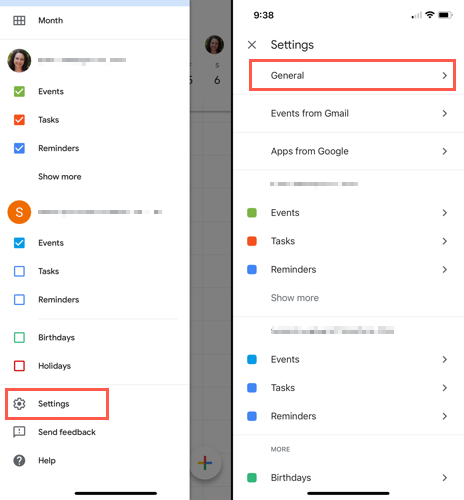 Configurações, Geral no aplicativo móvel Google Agenda