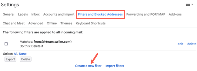 Crie um novo filtro na guia Filtro e mensagens bloqueadas