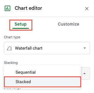 Empilhado no menu suspenso Empilhamento no Editor de gráfico