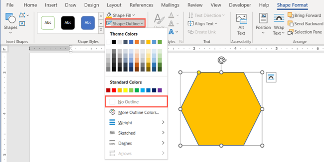 Sem contorno no menu suspenso Contorno da forma