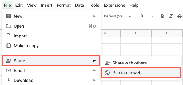 Publique na Web no menu Compartilhar do Planilhas Google