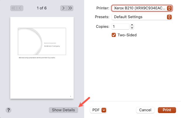 Mostrar detalhes para expandir as configurações de impressão no Mac