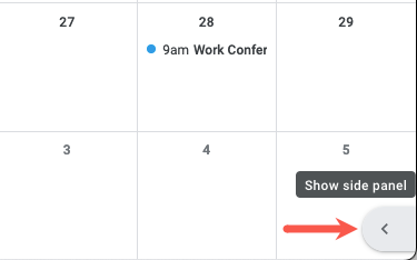 Seta para mostrar o painel lateral no Google Agenda