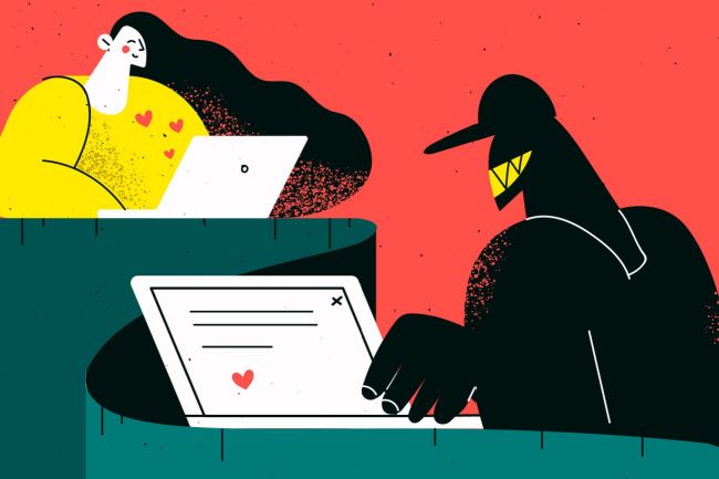 Ilustração artística de uma mulher recebendo emoji de coração de seu laptop, enviado por um golpista em outro laptop.