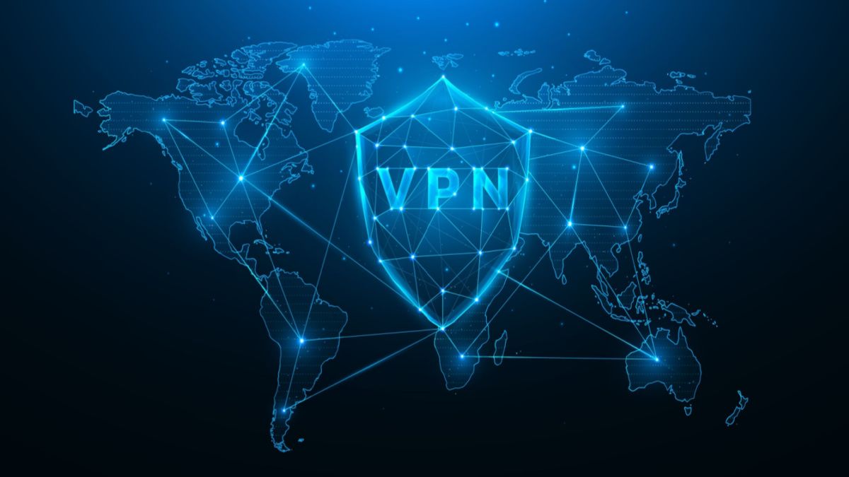 Um logotipo VPN sobreposto à ilustração de uma rede global.