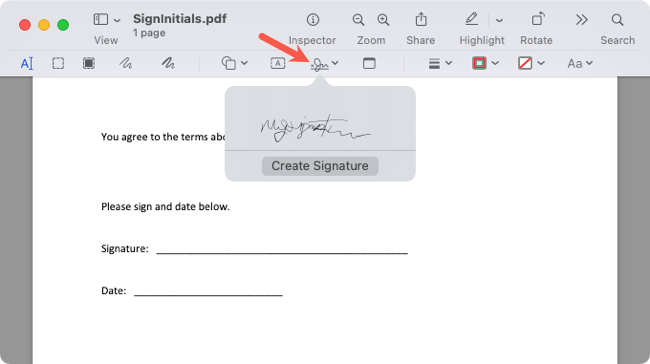 Botão Assinar na barra de ferramentas de marcação na visualização