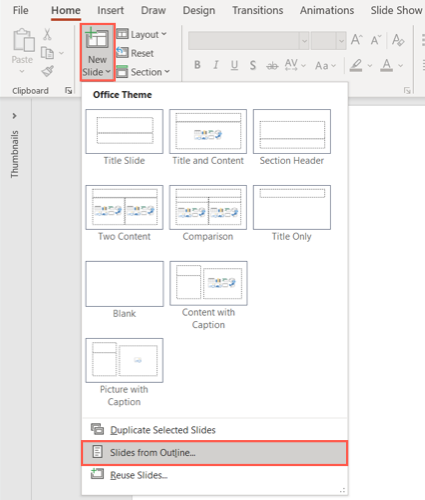 Slides do Outline no menu Novo slide