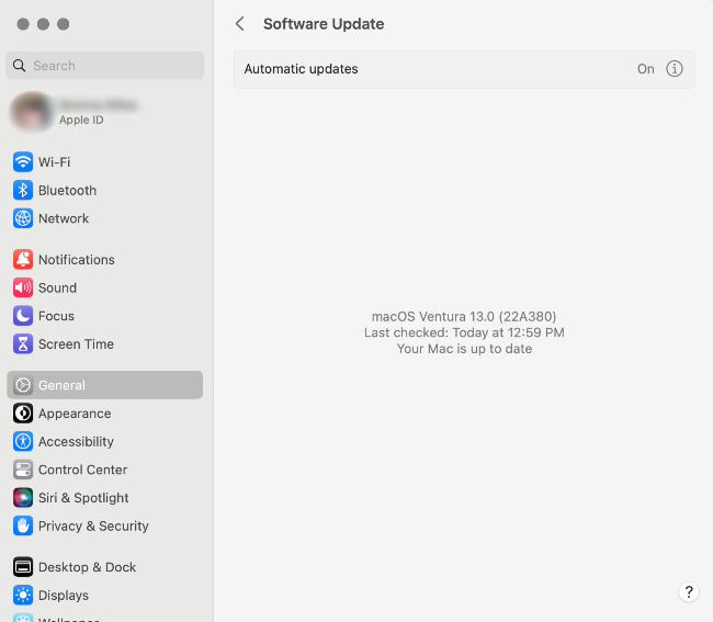 Tela de atualização de software no Mac