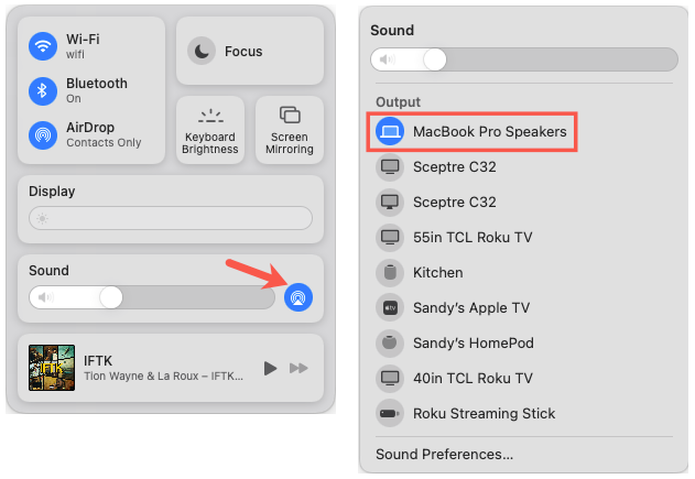 AirPlay para som no Centro de controle e Mac na lista