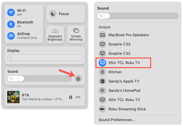 AirPlay for Sound no Control Center e Roku na lista no Mac