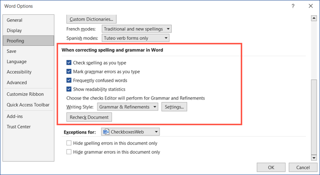 Configurações de ortografia e gramática nas opções do Word