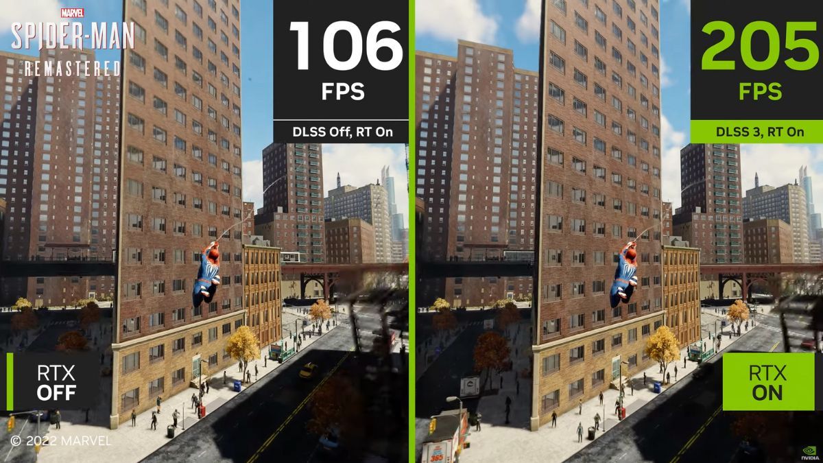 Uma comparação de desempenho do Spider-Man Remastered rodando com DLSS 3 ligado e desligado.