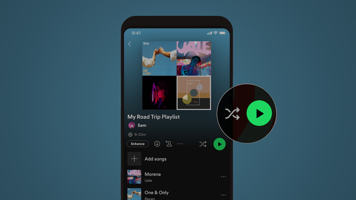 Botões aleatórios e de reprodução do Spotify