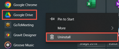 Desinstalar no menu de atalho do Google Drive