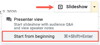 Começar do início na caixa suspensa Apresentação de slides