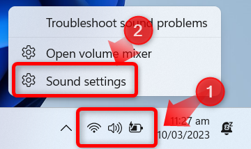 Para entrar nas configurações de som do Windows, clique com o botão direito no botão de som e clique em configurações de som