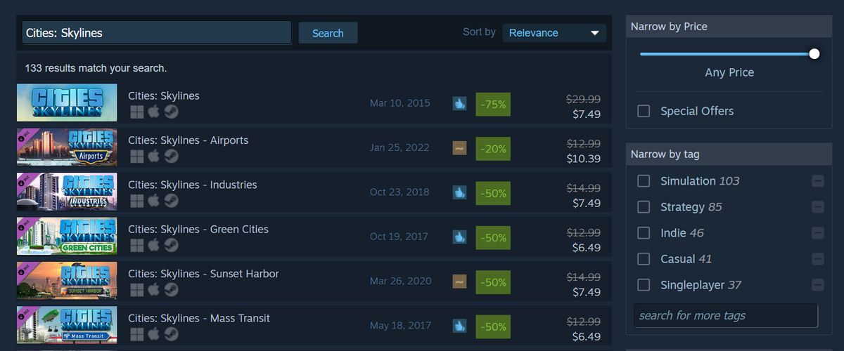 Uma lista de DLC para o popular jogo de construção de cidades Cities: Skylines.