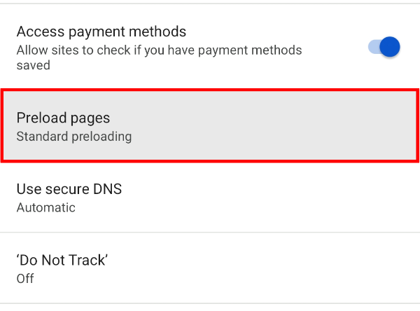 Toque em "Pré-carregar páginas" em "Privacidade e segurança"