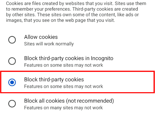 Escolha a opção “Bloquear cookies de terceiros”