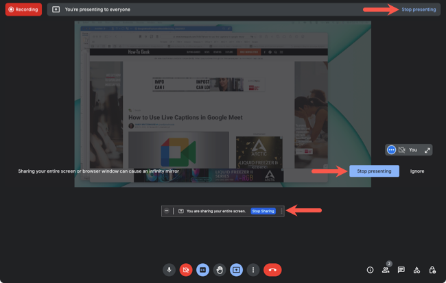 Pare de apresentar e pare de compartilhar na janela do Google Meet