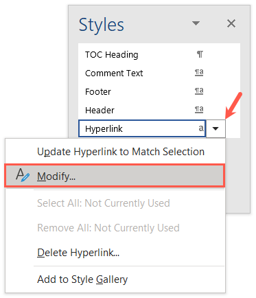 Modifique no menu suspenso Estilos de hiperlink