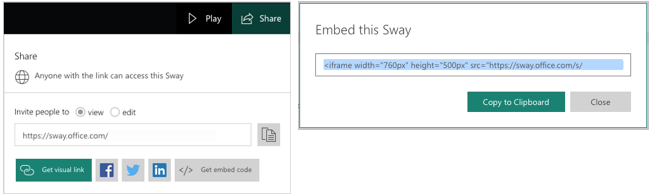 Opções de compartilhamento e incorporação do Sway