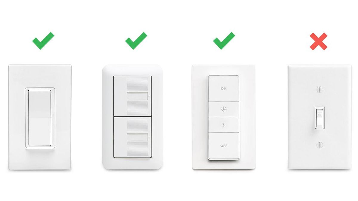 Três tipos de switch com os quais o SwitchBot Bot é compatível e outro que não é