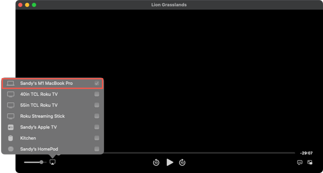 Mac na lista AirPlay de um programa de TV no Mac
