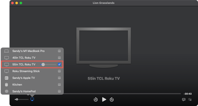 Roku na lista AirPlay de um programa de TV no Mac