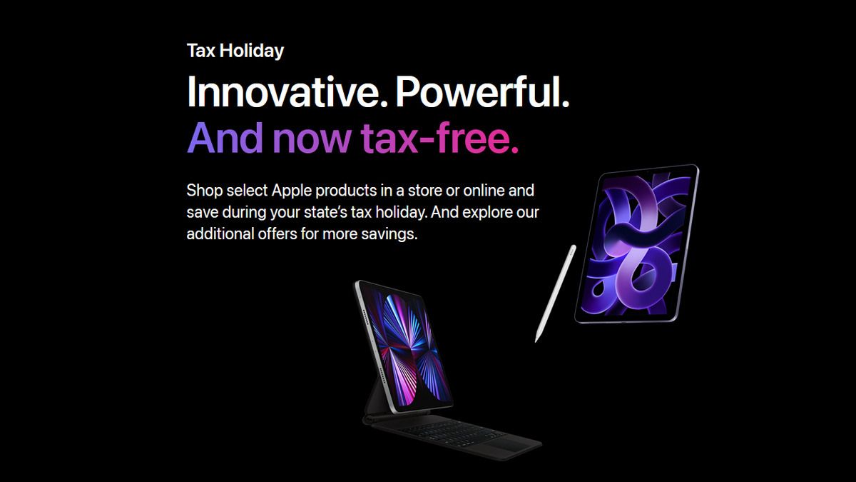 Um anúncio que promove a participação da Apple em feriados estaduais isentos de impostos.