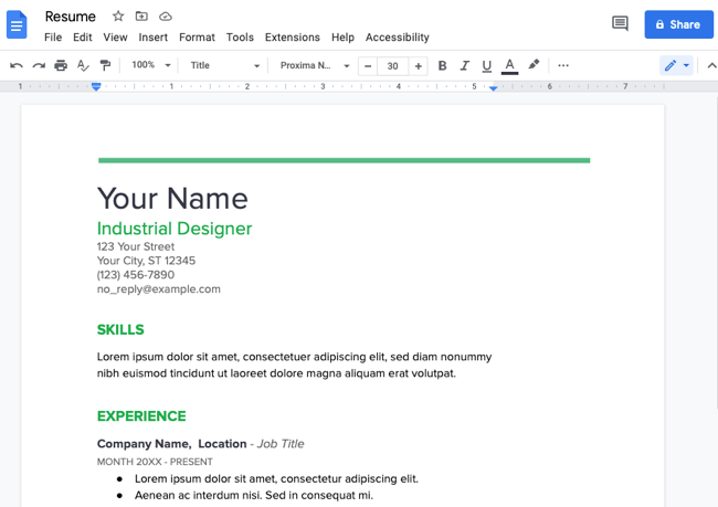 Modelo de currículo do Google Docs