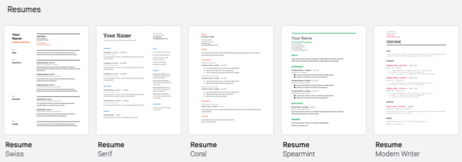Currículos na galeria de modelos do Google Docs