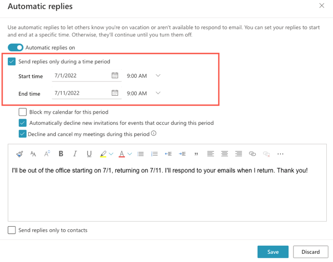 Período de tempo para respostas automáticas no Outlook