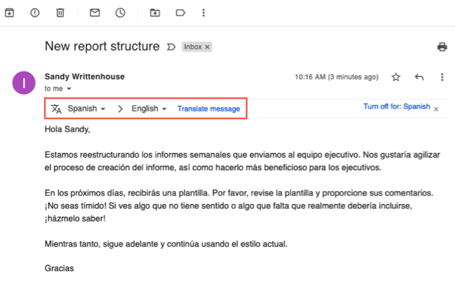 Link de idiomas e tradução de mensagens no Gmail