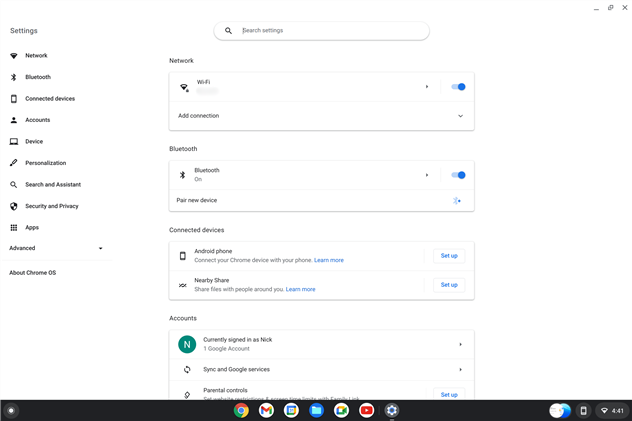 Captura de tela mostrando configurações no Chrome OS Flex