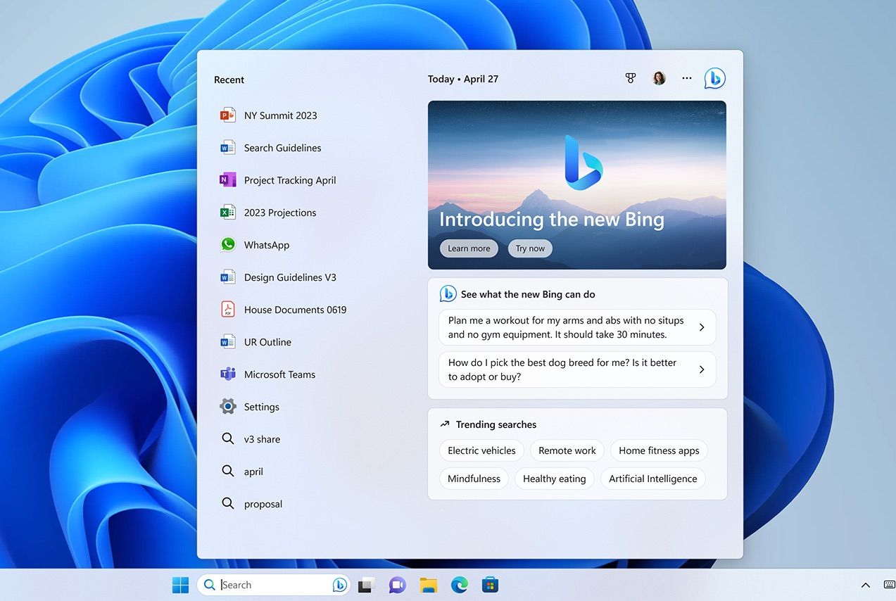 Pop-up de pesquisa no Windows 11 com novos resultados do Bing