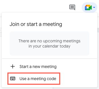 Opção de participar de um Google Meet usando um código