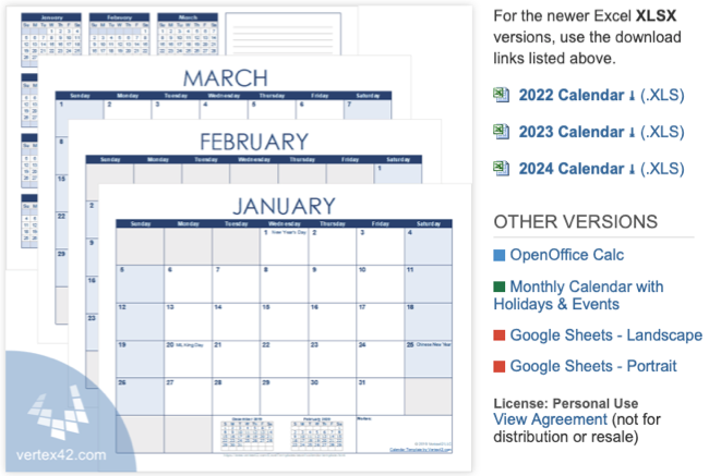 Modelo de calendário Vertex42