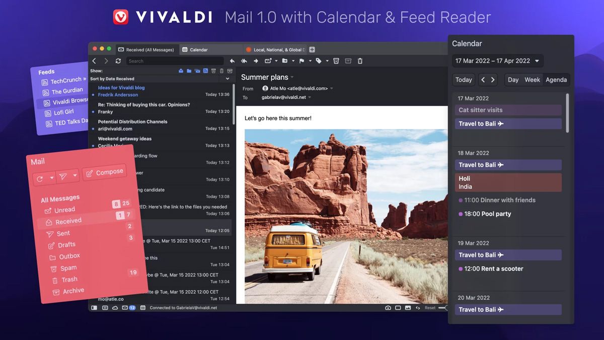 Captura de tela do Vivaldi Mail, calendário e feeds