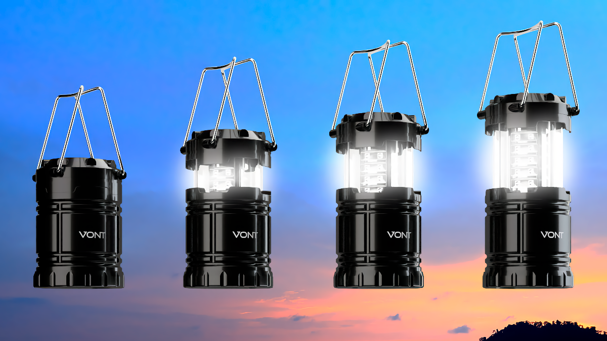 Quatro lanternas de acampamento LED Vont suspensas no céu