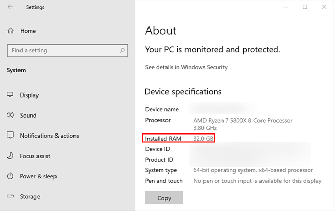 O aplicativo Configurações no Windows 10 mostrando a quantidade total de RAM instalada no computador.