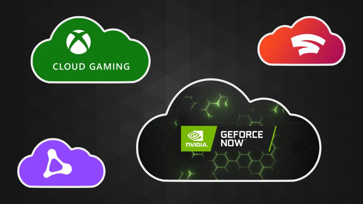 Logotipos de plataformas de jogos em nuvem embutidos nas nuvens, incluindo NVIDIA GeForce Now, Xbox Cloud Gaming, Google Stadia e Amazon Luna
