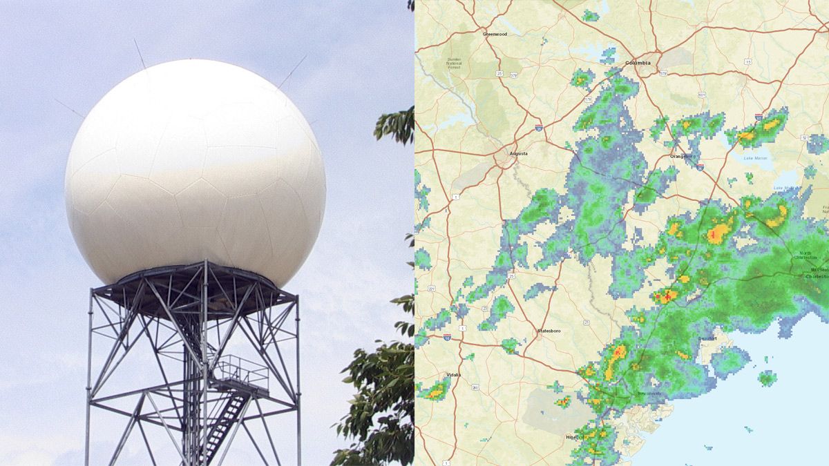 Uma cúpula de radar meteorológico e um exemplo de leitura de radar meteorológico.