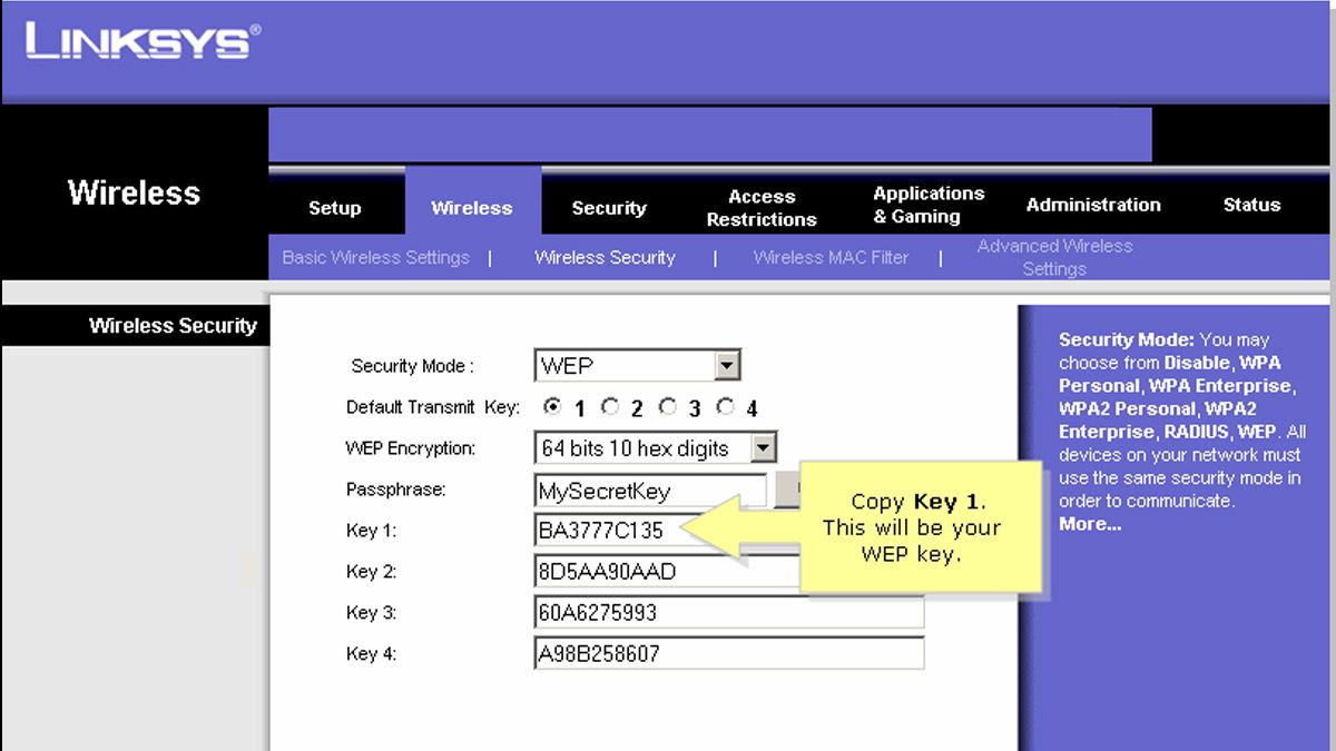 Exemplo de uma antiga interface de roteador Wi-Fi Linksys, exibindo chaves WEP.