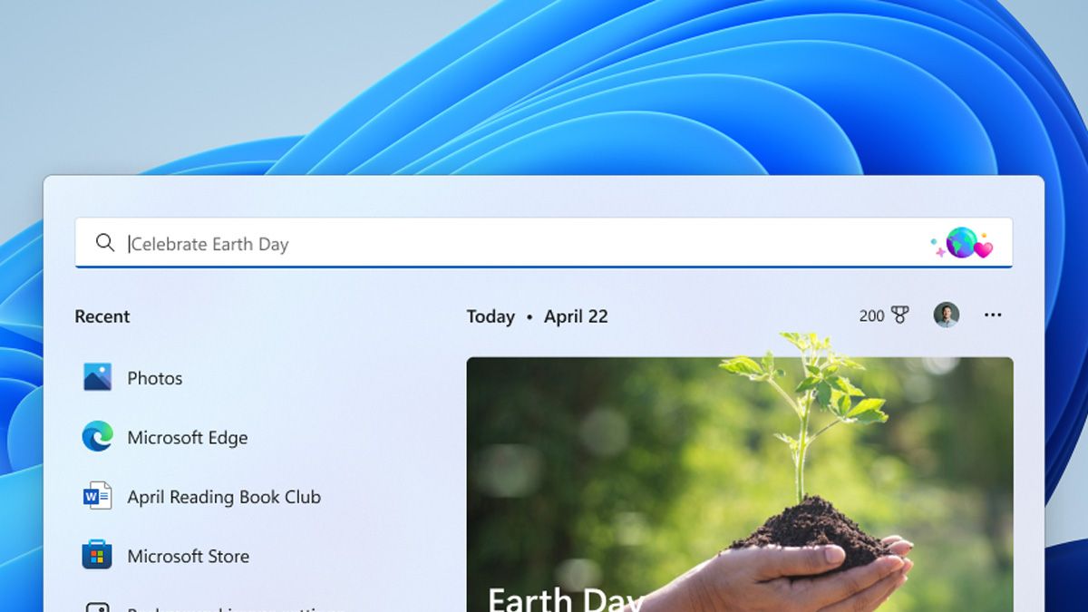 Painel de pesquisa aberto no Windows 11 com um pequeno ícone da Terra visível na extremidade direita