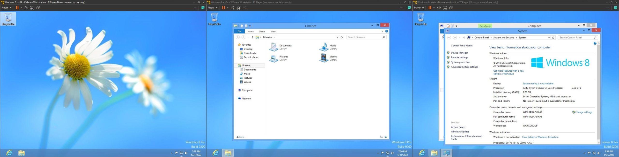 Capturas de tela do Windows 8 em uma máquina virtual, mostrando a área de trabalho, a interface do Explorer e a "página Sobre o computador"