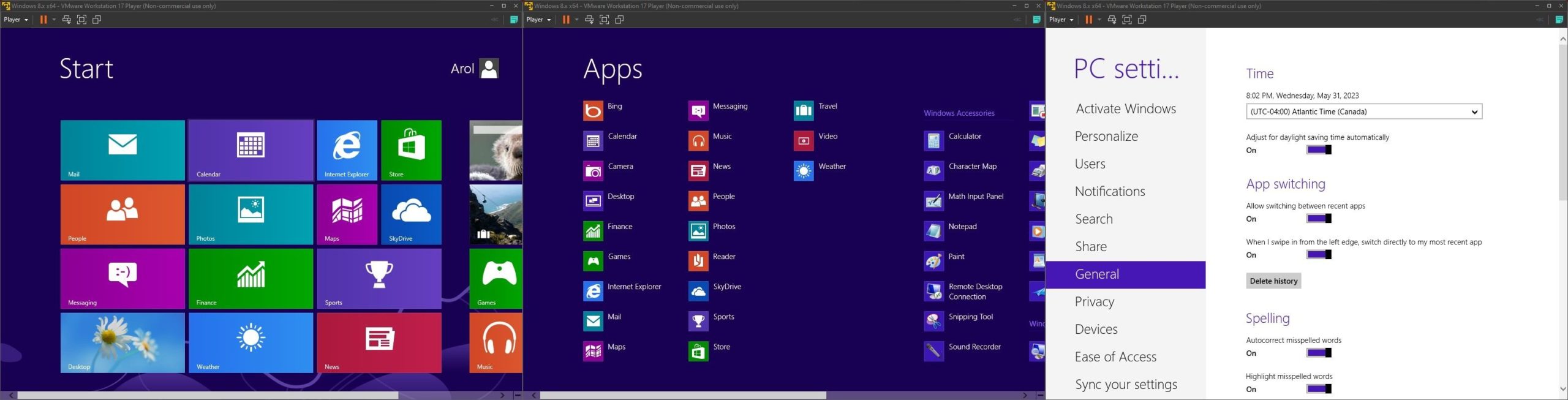 Capturas de tela do Windows 8 em uma máquina virtual, mostrando o menu Iniciar, o menu de todos os aplicativos e o aplicativo de configurações